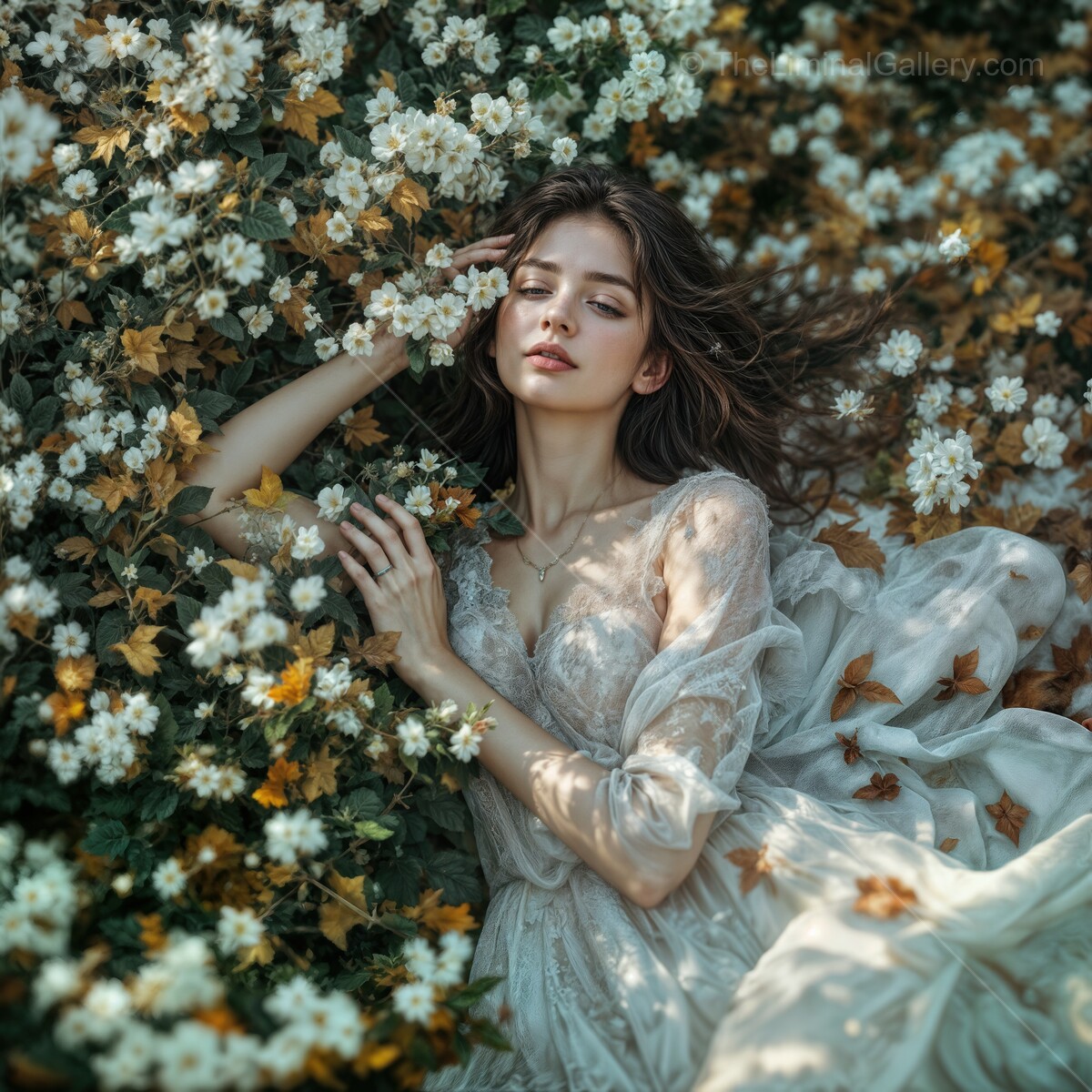Woman surrounded by blooming flowers, embracing the beauty of changing seasons in a sunlit garden