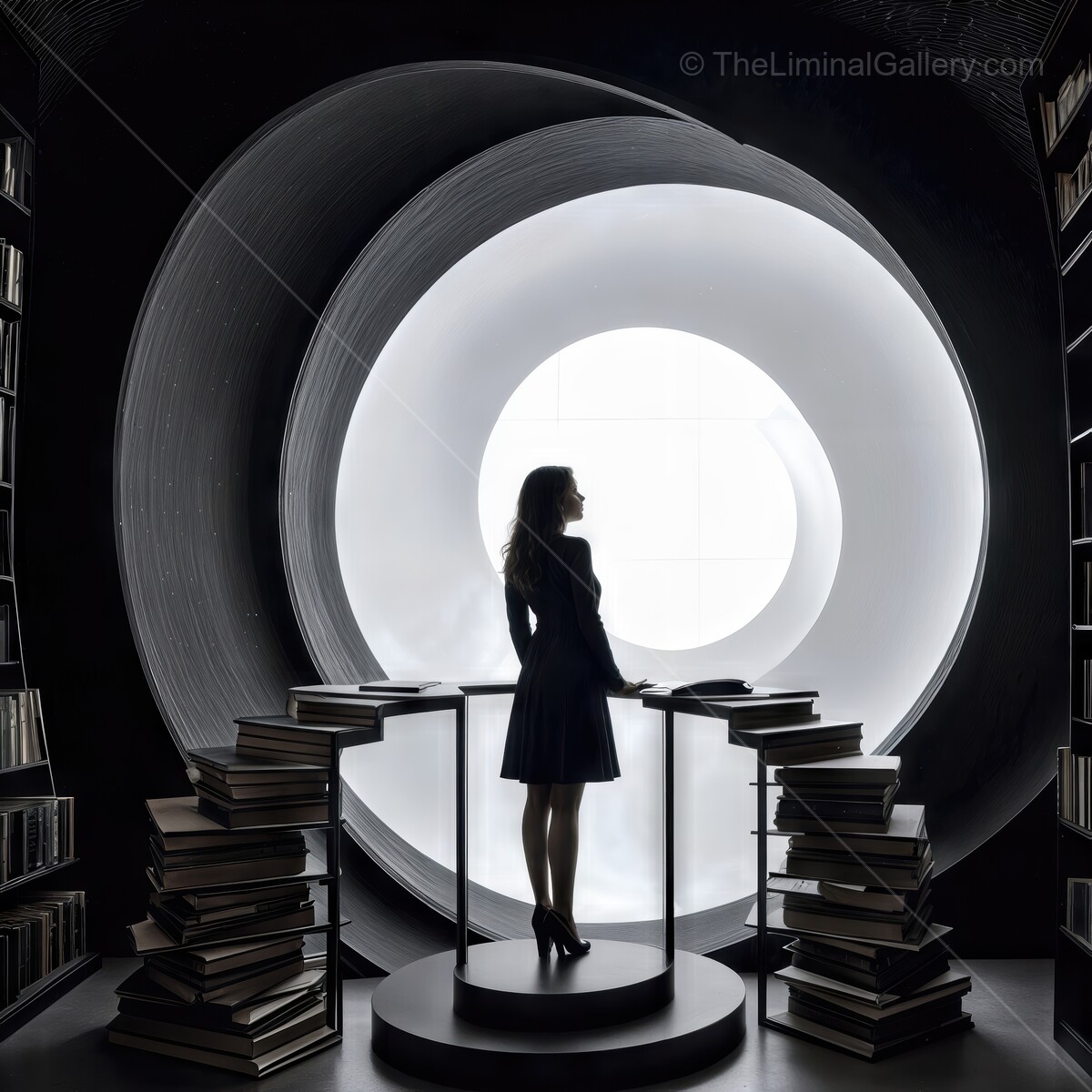 A woman in a black dress gazes at a circular window, surrounded by towering bookshelves in a moment of contemplation