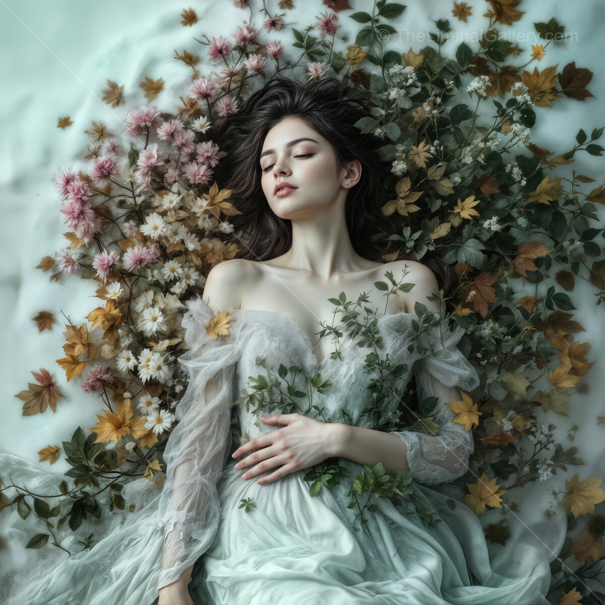 Woman in a dreamy dress surrounded by autumn leaves and blooming flowers, capturing the essence of seasonal beauty in a tranquil setting