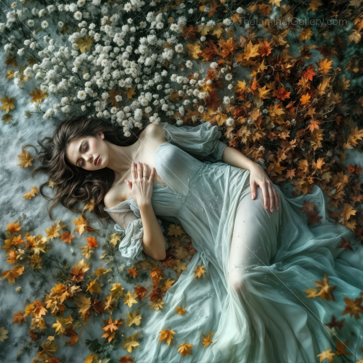 Woman in a dreamy gown surrounded by autumn leaves and soft white blossoms on a serene forest floor, embodying the beauty of the seasons