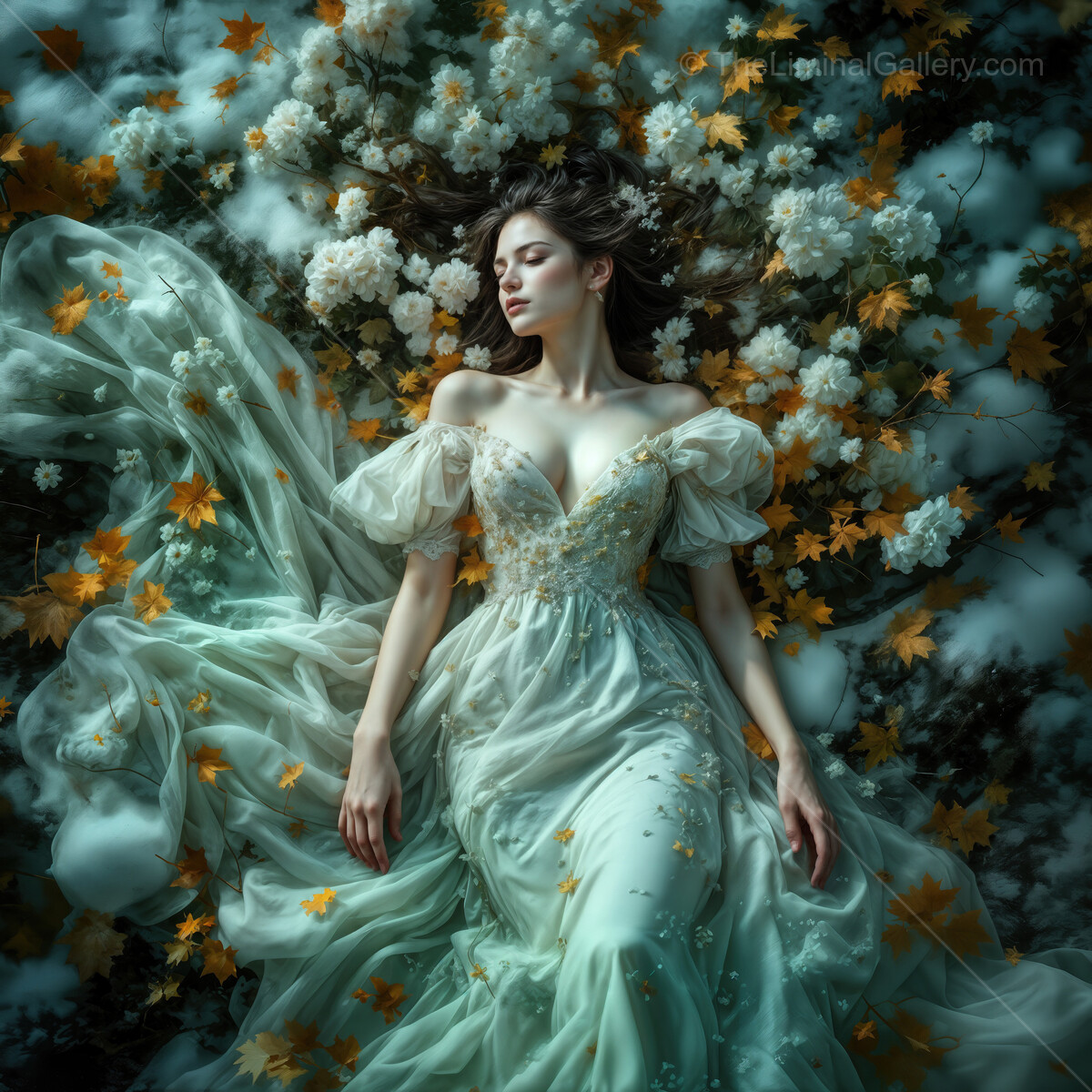 Woman in a flowing gown lies amid blossoming flowers and autumn leaves, embodying the beauty of all seasons in a serene garden setting