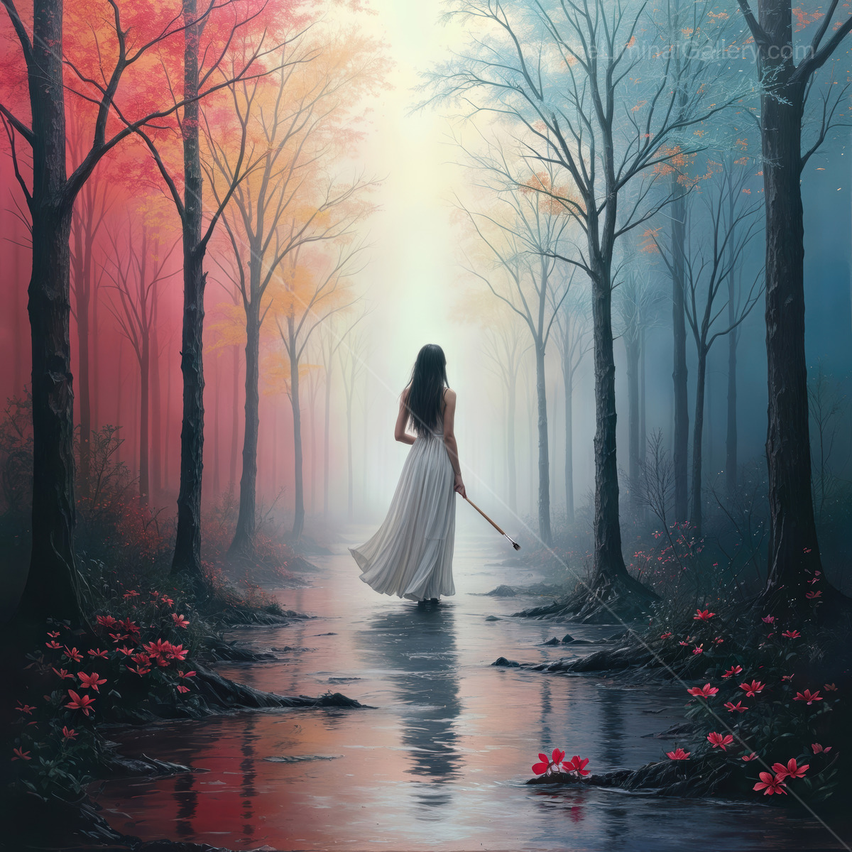 Woman in a white dress walks through a mystical forest with colorful trees and a shimmering path at dawn