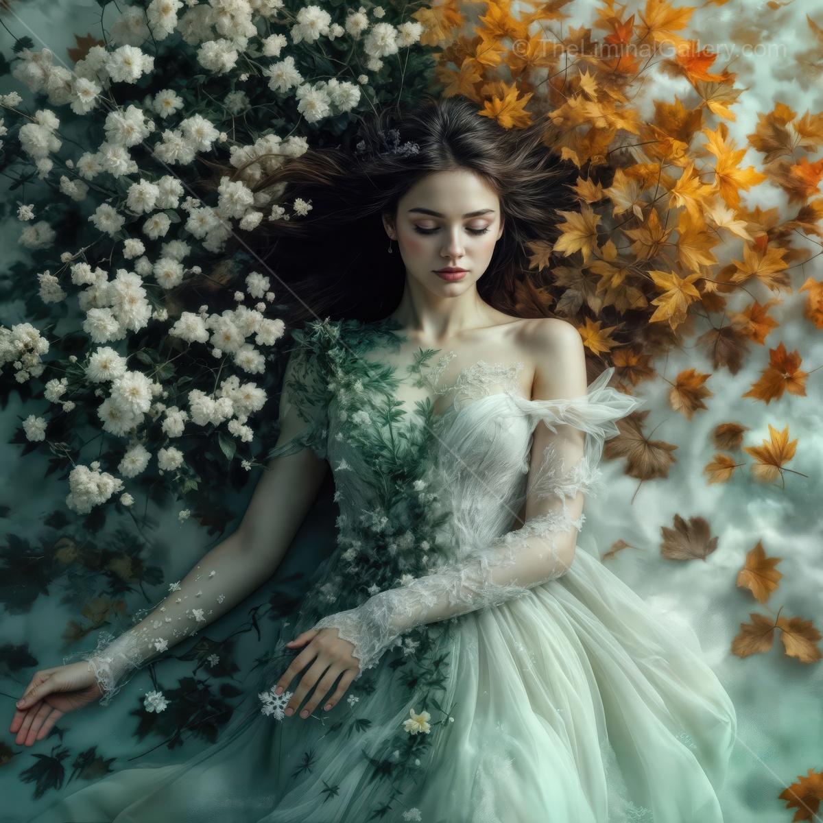 Woman embodies the essence of the four seasons through flowers and foliage in a captivating artistic display