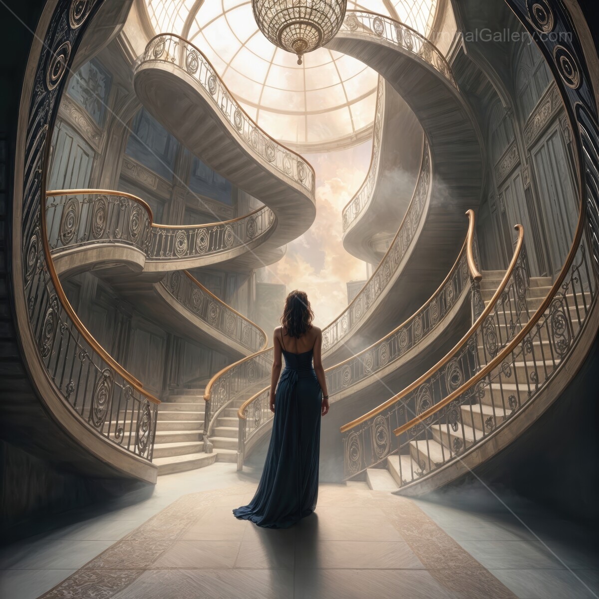 Woman in a flowing gown gazes up at a liminal grand spiral staircase illuminated by enchanting light