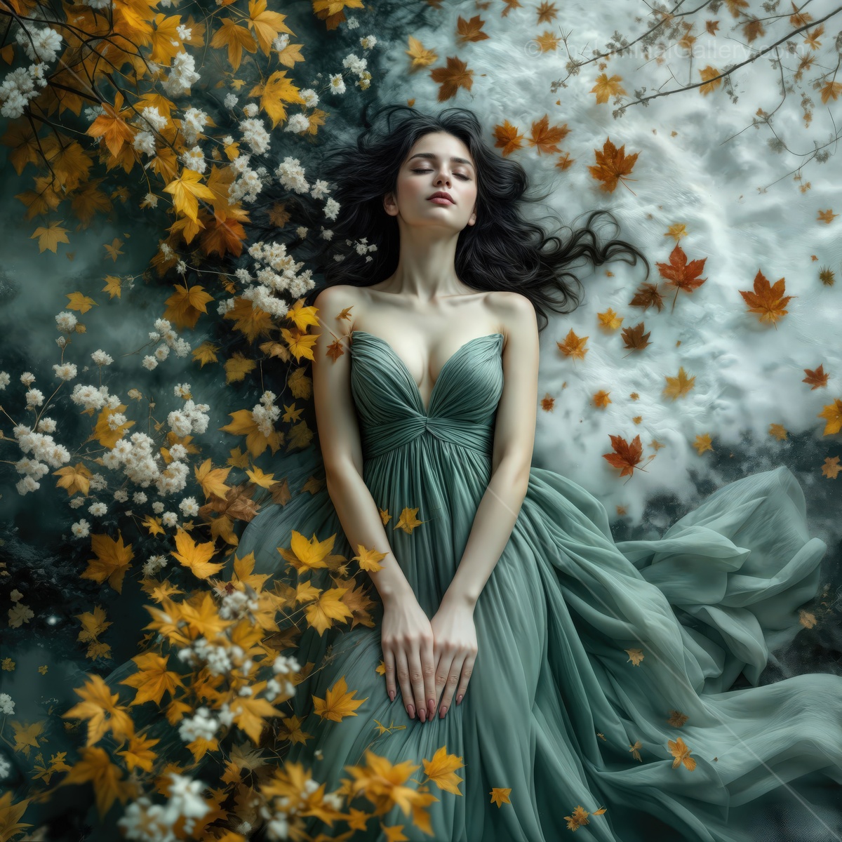 Woman in a flowing green dress surrounded by autumn leaves and delicate blooms in a dreamy seasonal landscape