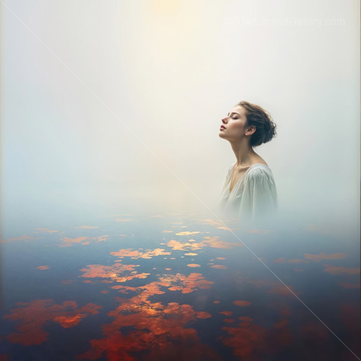 Woman meditates in a tranquil misty landscape reflecting soft hues at dawn