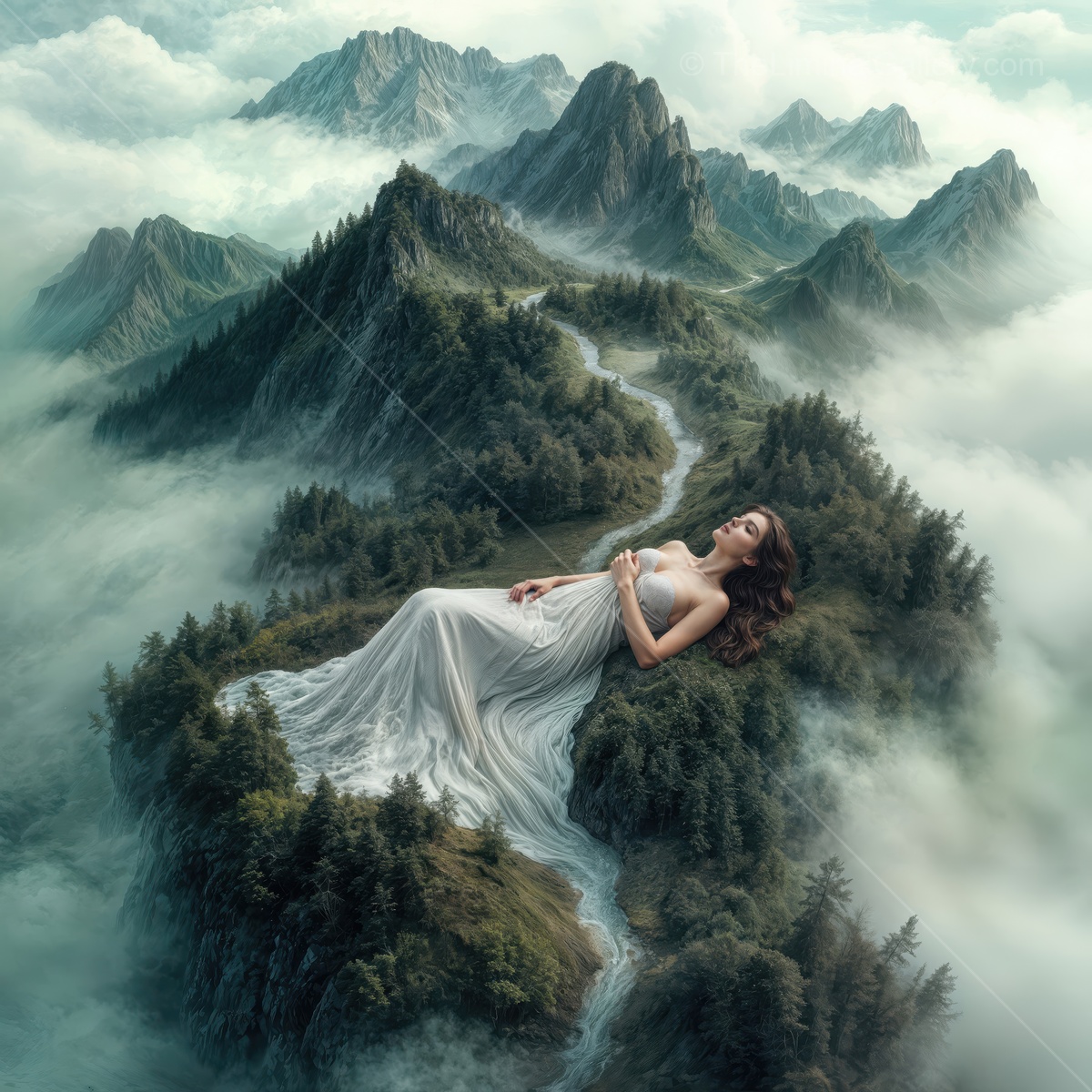 Woman resting peacefully in a mystical forest surrounded by towering mountains and swirling mist