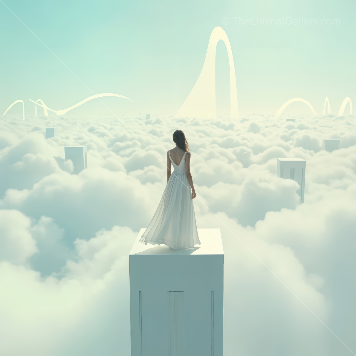 Woman in a flowing white dress stands on the edge of a white cube above billowing clouds watching distant geometric towers rise from the mist