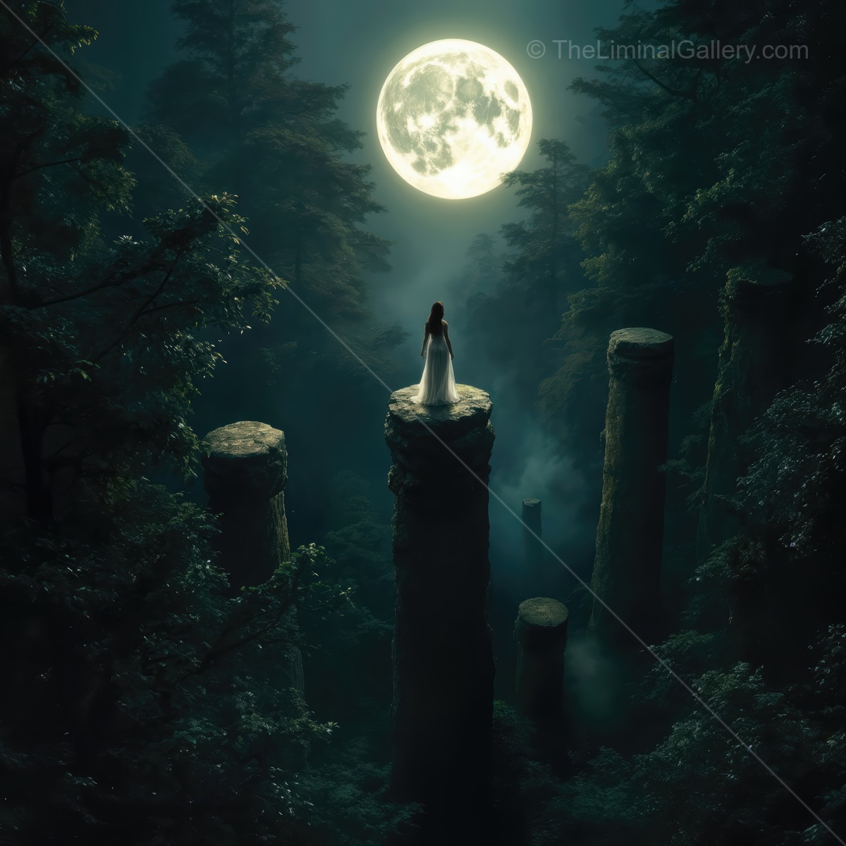 Mystical night in the forest with a woman standing on stone pillars under a bright moon