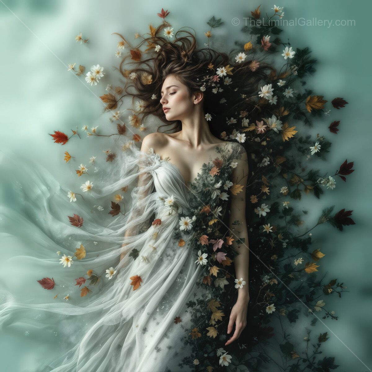 Beauty of woman surrounded by seasonal flowers and fallen leaves in a tranquil, dreamy setting
