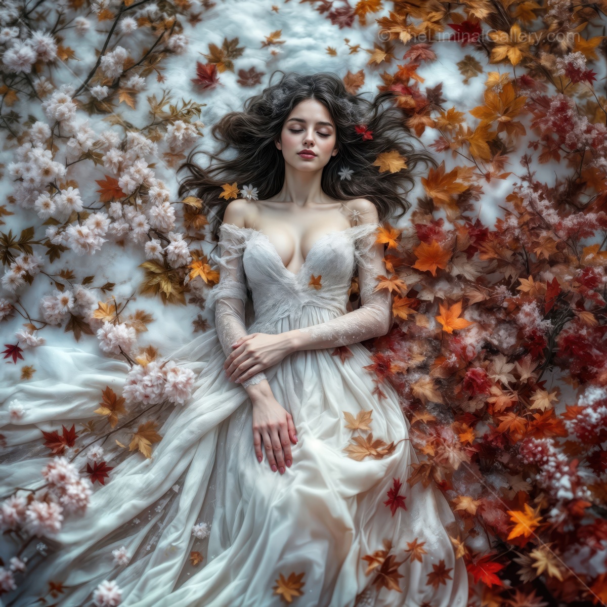 Woman embodying the seasons in a dreamy setting with flowers and autumn leaves, captured in a moment of serene beauty and nature's transition