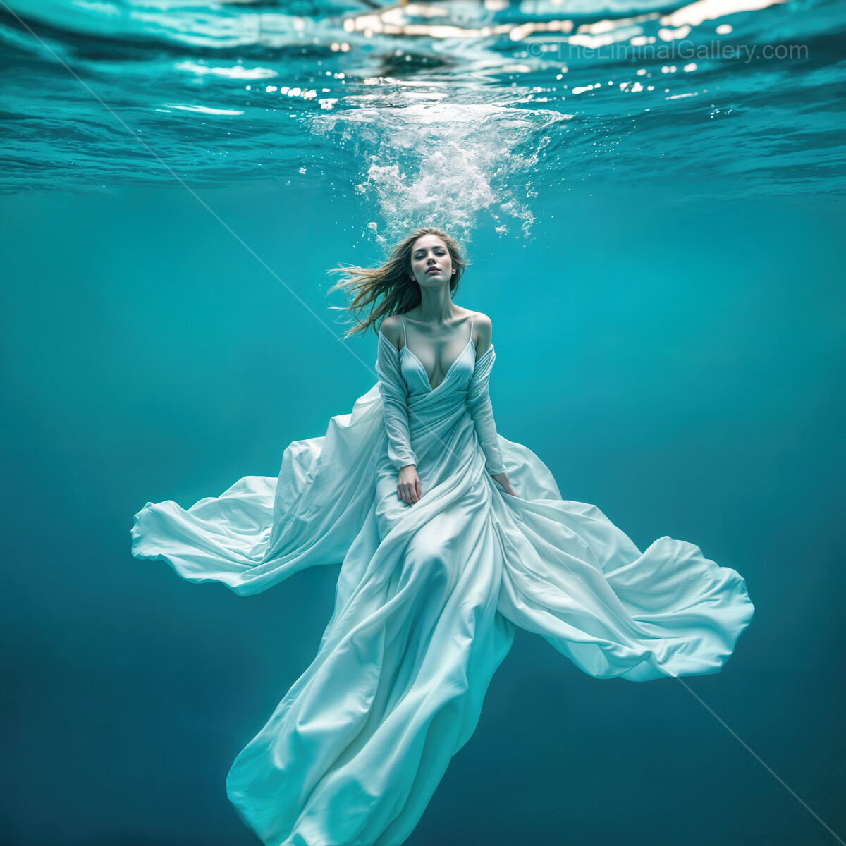 Woman gracefully swims in a surreal underwater realm, dressed in flowing white, capturing the essence of dreamlike beauty and tranquility at dawn