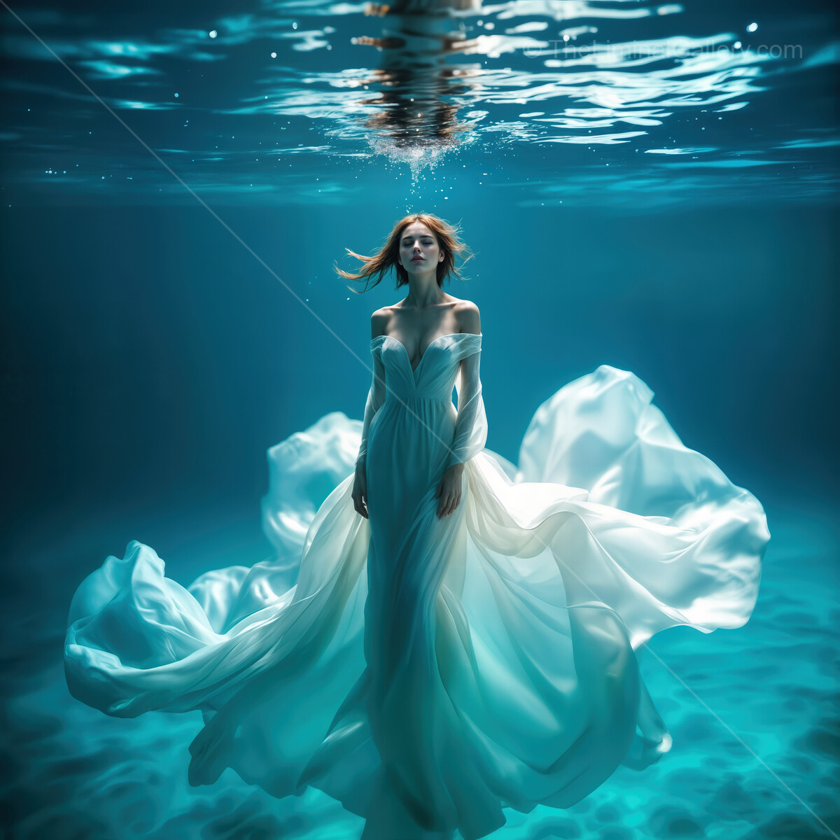 Woman dances in a tranquil underwater realm, a surreal vision of elegance and ethereal beauty with flowing fabric and vibrant blues