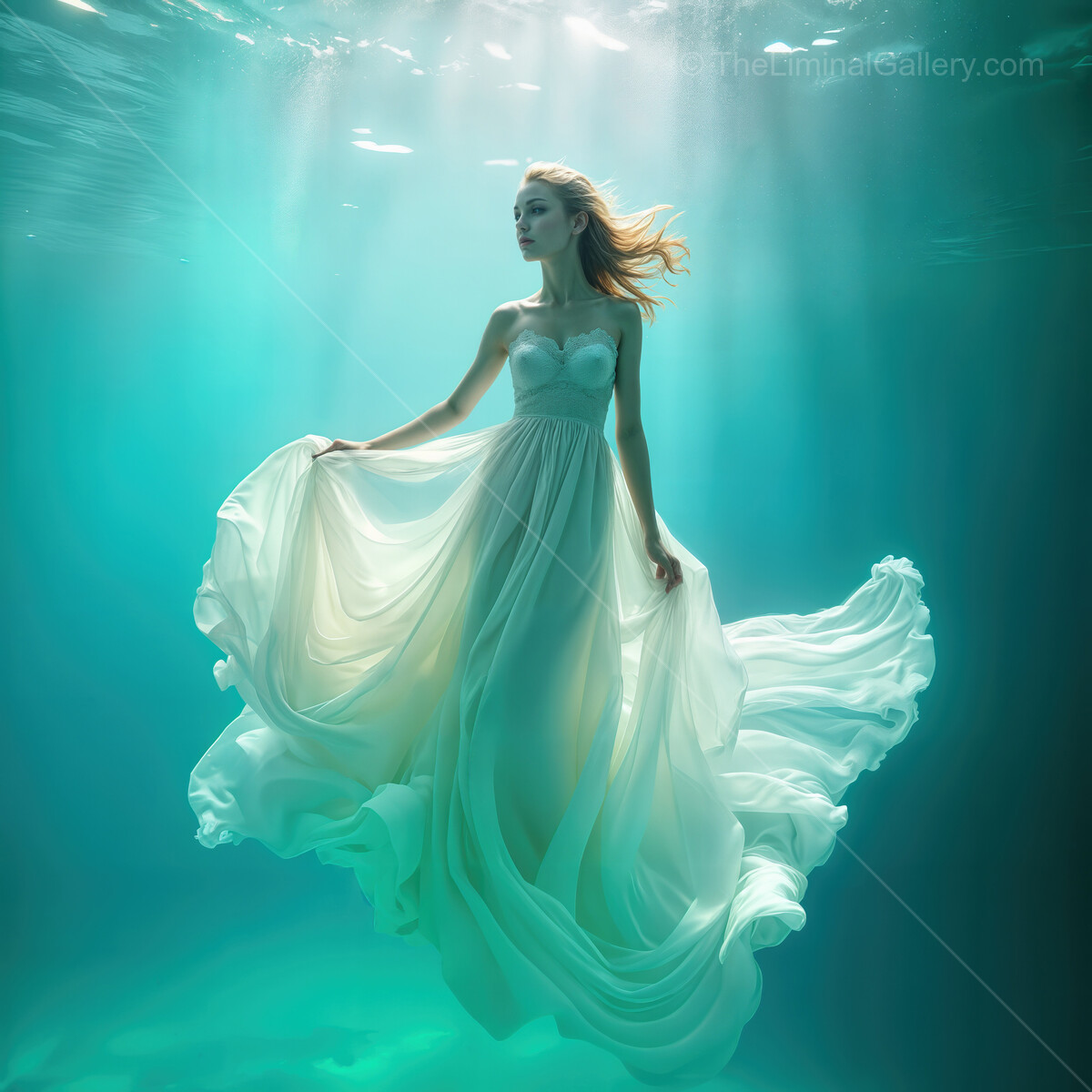 Woman gracefully gliding through a surreal underwater world, enveloped in a flowing gown, surrounded by ethereal light and turquoise water
