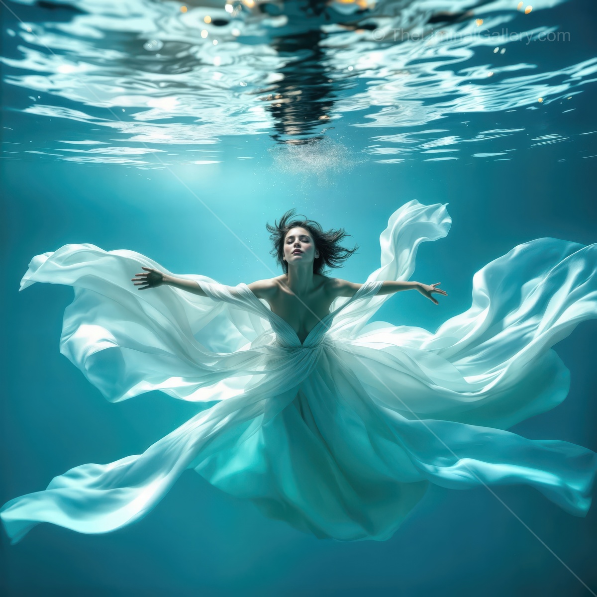 Woman dances gracefully in a surreal underwater world, enveloped by flowing fabrics and soft waves of blue light
