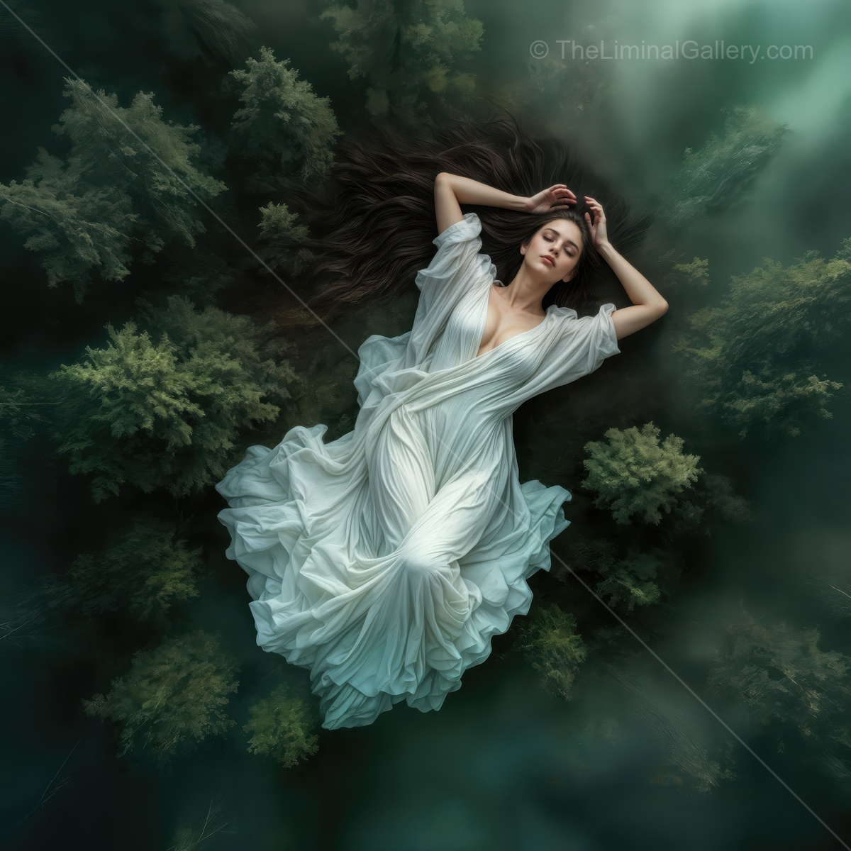Enchanting woman in a flowing dress resting amidst lush green forest scenery under soft light