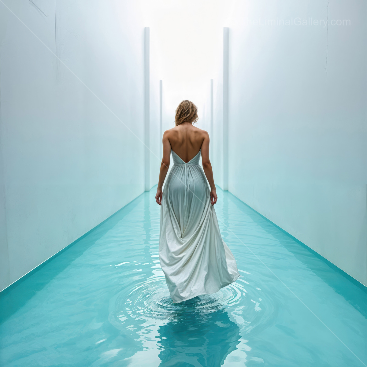 A woman in flowing white dress walks through a liminal tranquil water corridor lit by soft light