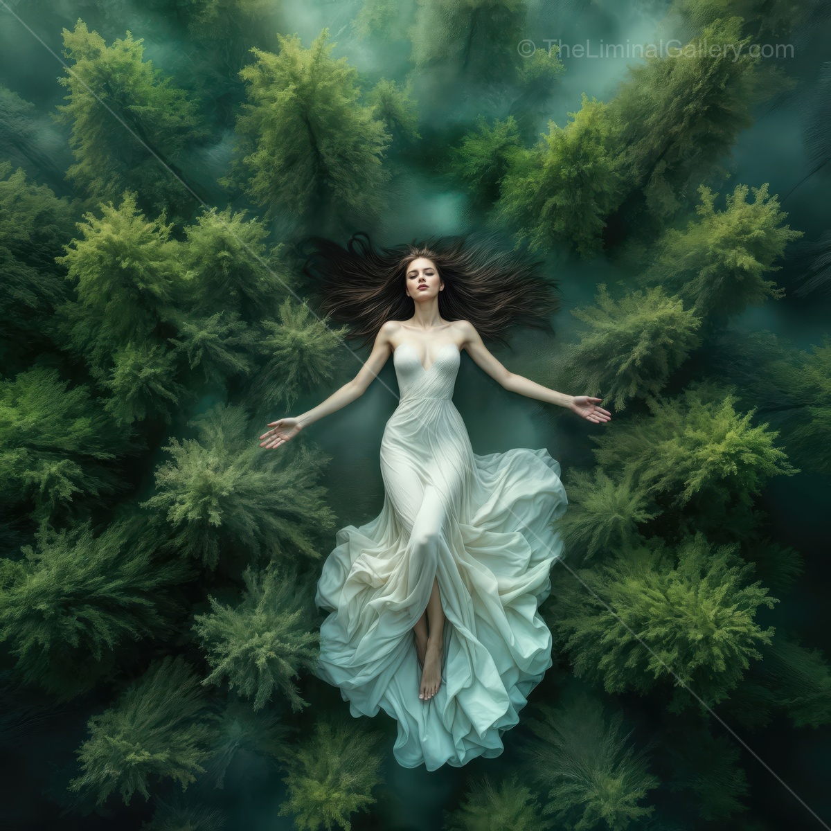 Woman in white dress gracefully floating on a bed of lush greenery beneath a serene forest canopy at dawn