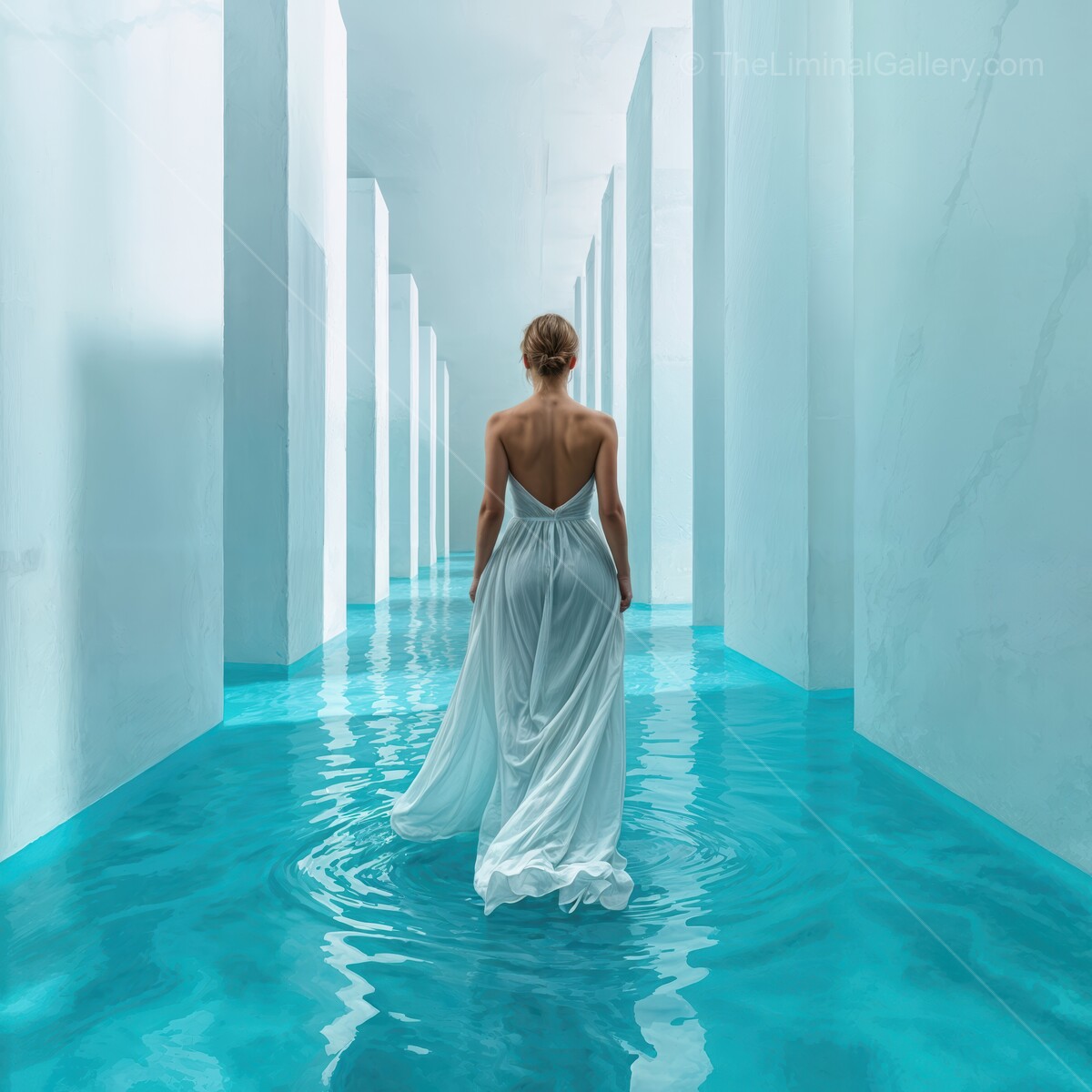 Woman in flowing white dress walks through liminal tranquil water in a serene, minimalist environment