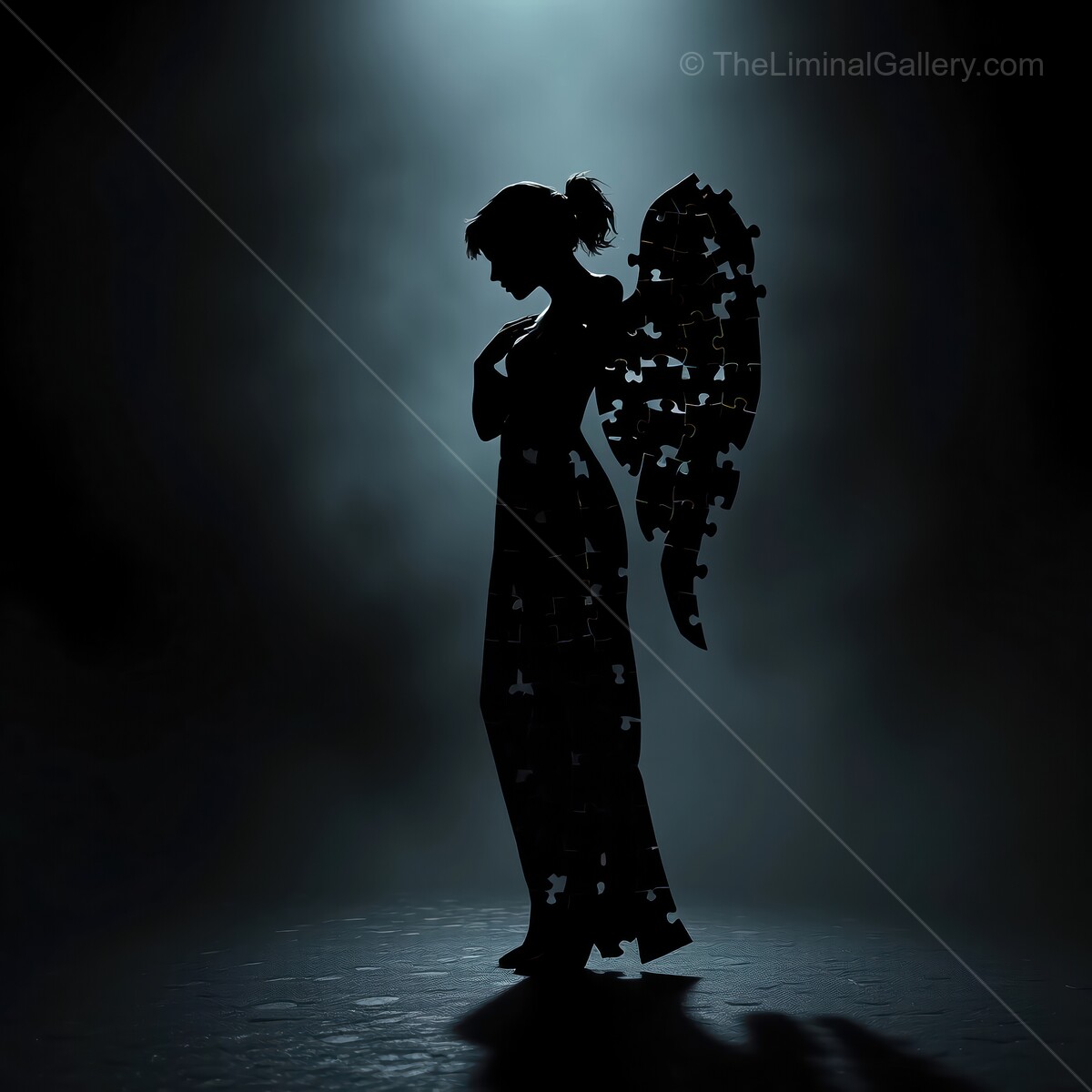 Mysterious figure of a woman with puzzle piece wings stands in ethereal light at twilight
