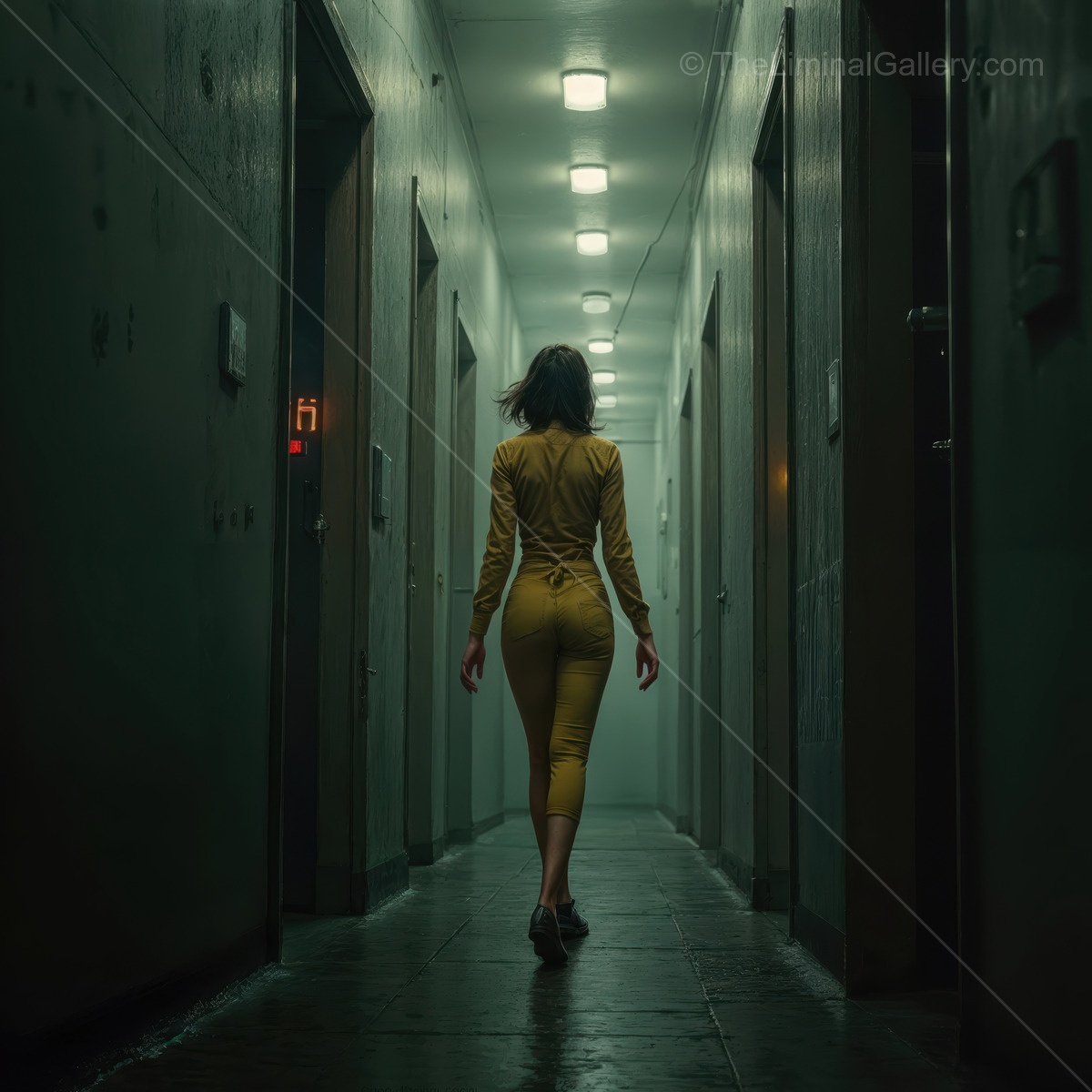 Woman in a vivid yellow outfit walks a dim industrial corridor, overhead fixtures tracing a cool line
