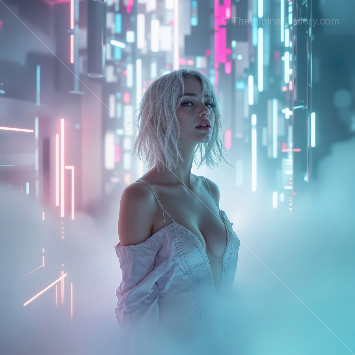 Captivating figure emerges from a dreamy, neon-lit mist in a futuristic scene