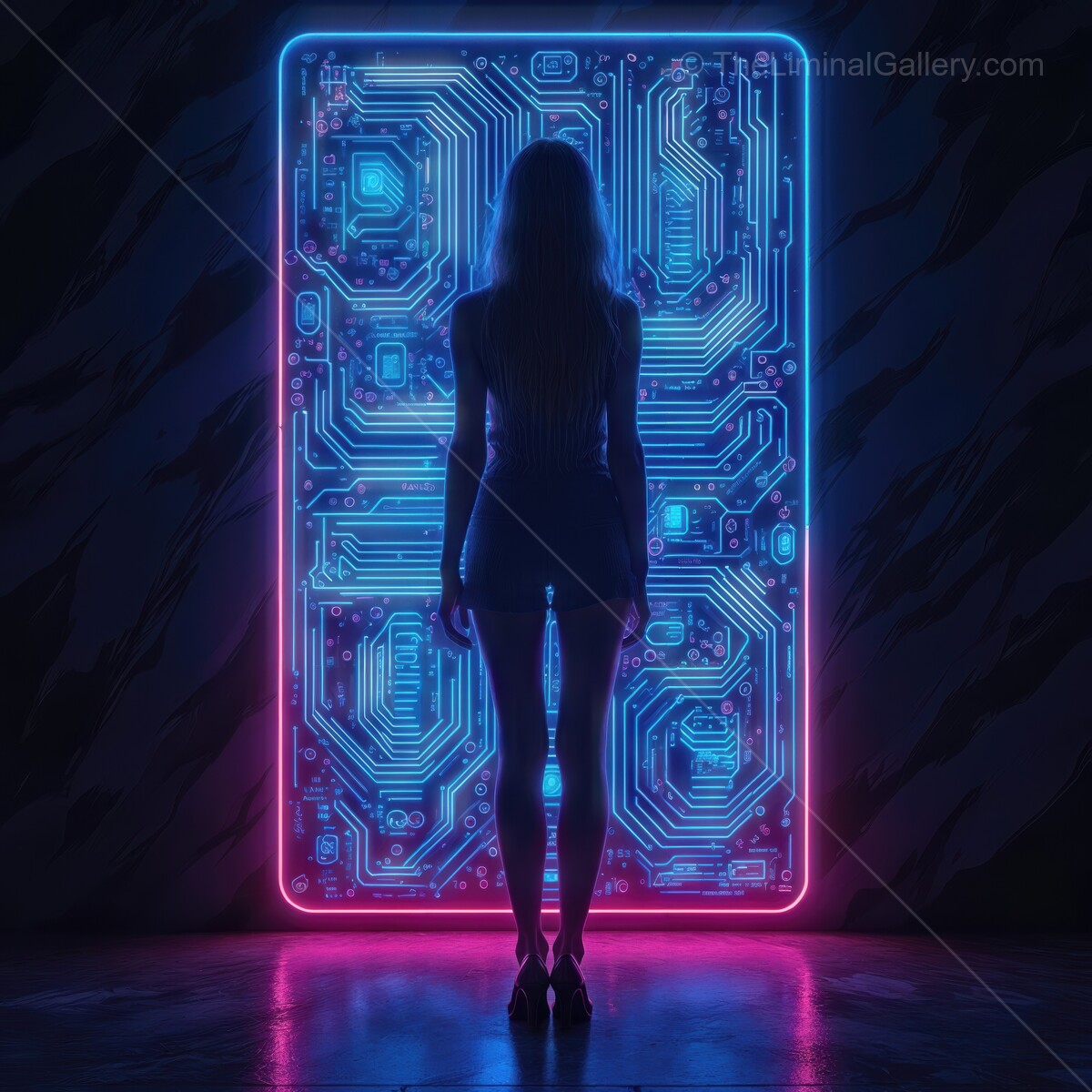 Silhouette of a figure standing before a glowing circuit board backdrop in an urban night setting