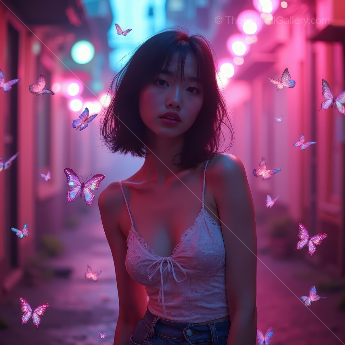 Dancer in a vibrant alley illuminated by colorful lights, surrounded by butterflies at night