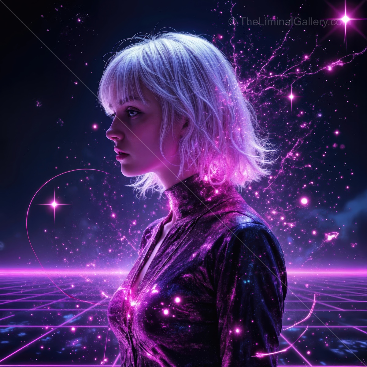Vibrant cosmic energy surrounds a futuristic figure in an ethereal landscape of glowing stars and neon lights