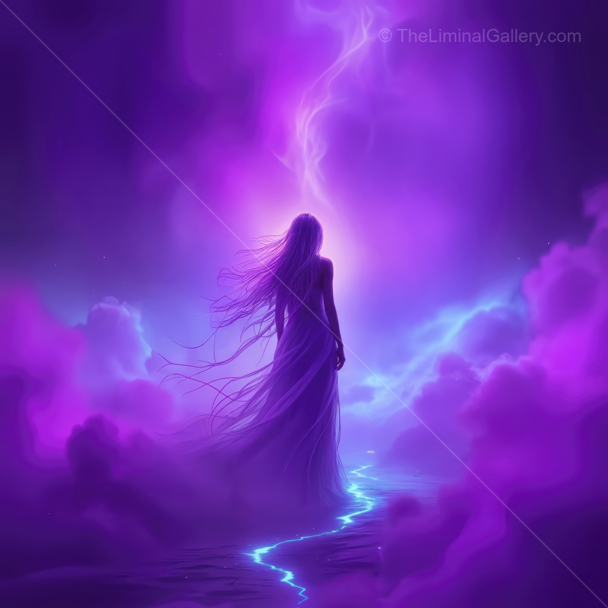 Surreal figure standing amidst vibrant clouds under a cosmic storm at twilight