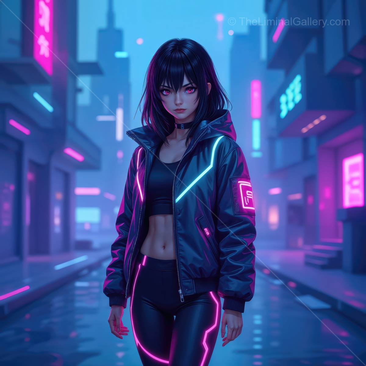 Cyberpunk girl walking through neon-lit streets in a futuristic city at night