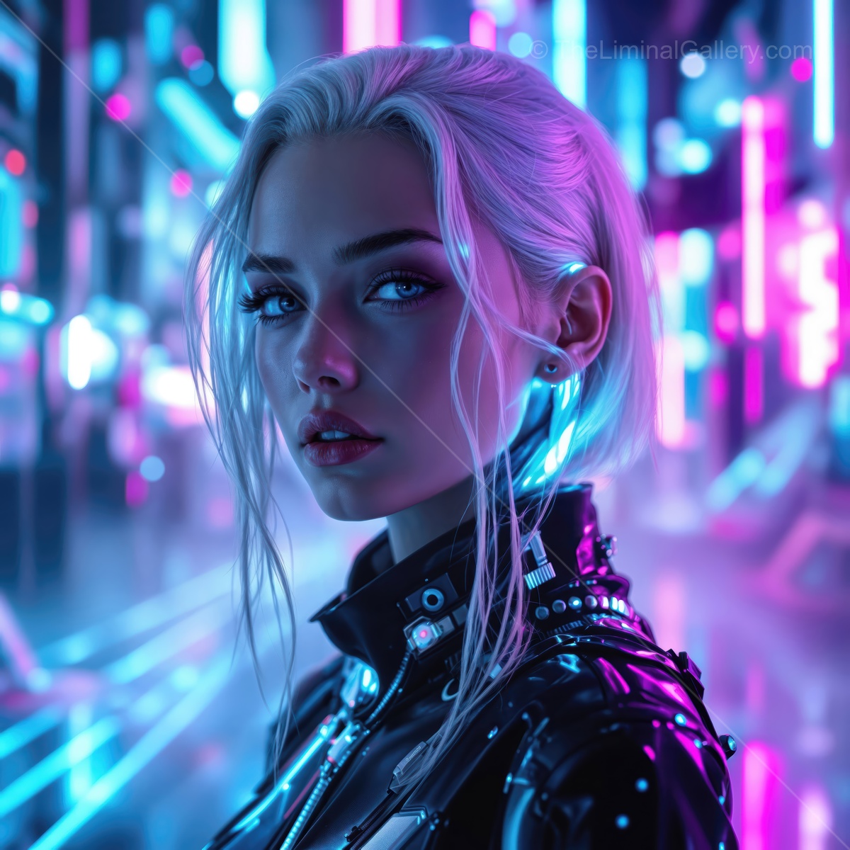 Futuristic vision of a woman with neon lights in an urban cyberpunk setting