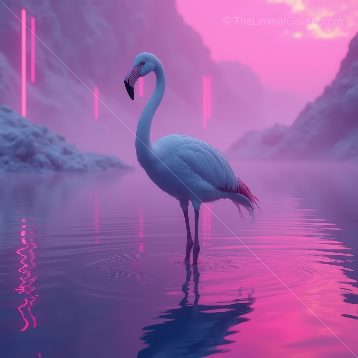 Dreamy white flamingo standing elegantly in tranquil waters during a mystical twilight scene filled with vibrant pink hues