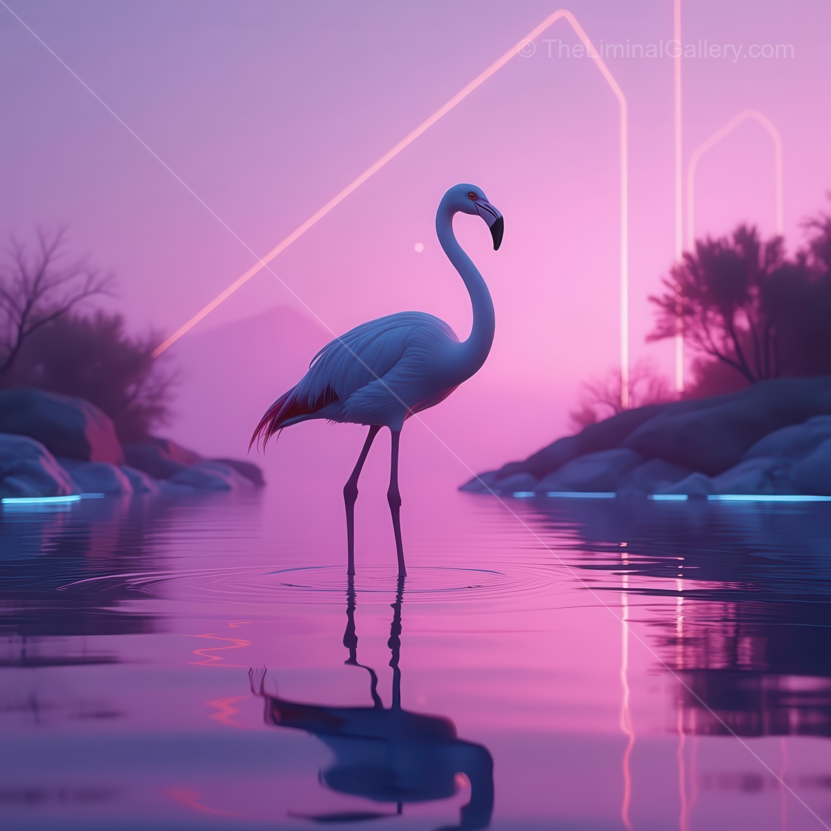 Elegance at dawn as a white flamingo stands gracefully in a serene lake with ethereal hues of pink and blue surrounding it