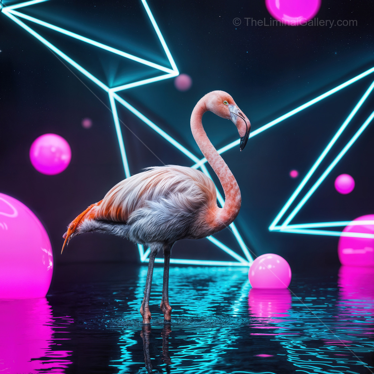 Elegant flamingo standing gracefully in a vibrant neon world reflecting colorful lights in a dreamy atmosphere