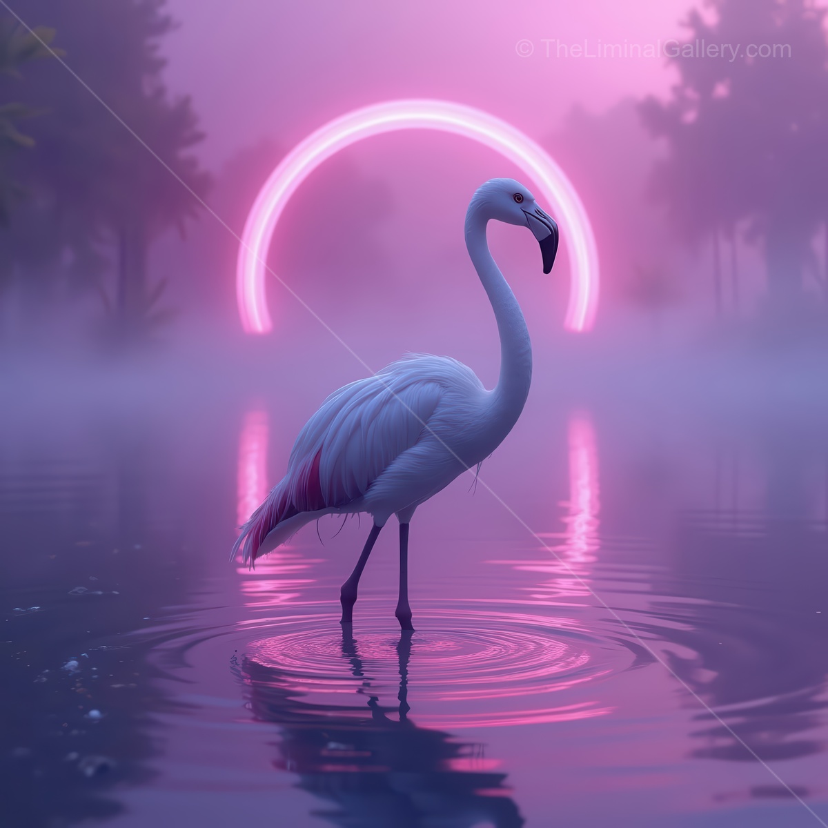 Elegant white flamingo wades through tranquil waters as dawn light casts enchanting colors in the sky
