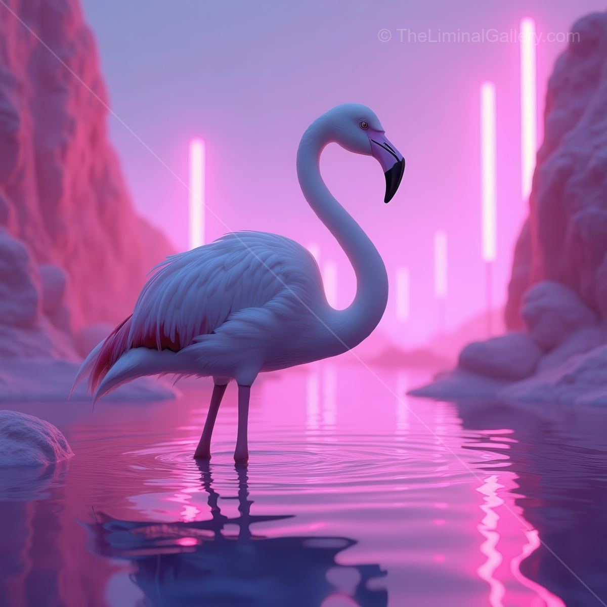 Elegant white flamingo stands proudly in a dreamy lagoon illuminated with pink neon lights at dusk