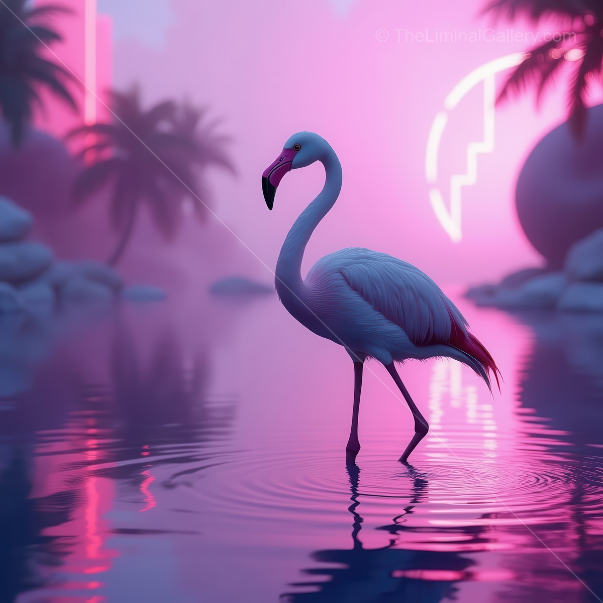 Elegant white flamingo wandering through dreamy landscape at twilight with vibrant neon lights reflecting on calm water