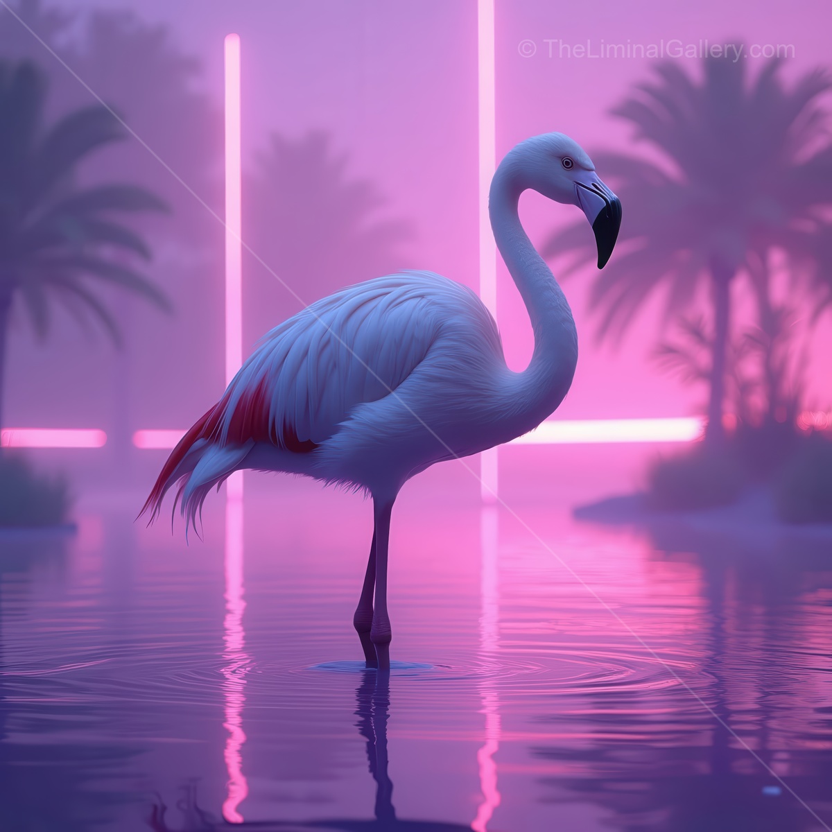 Elegant white flamingo standing gracefully in serene waters under vibrant neon lights at dusk