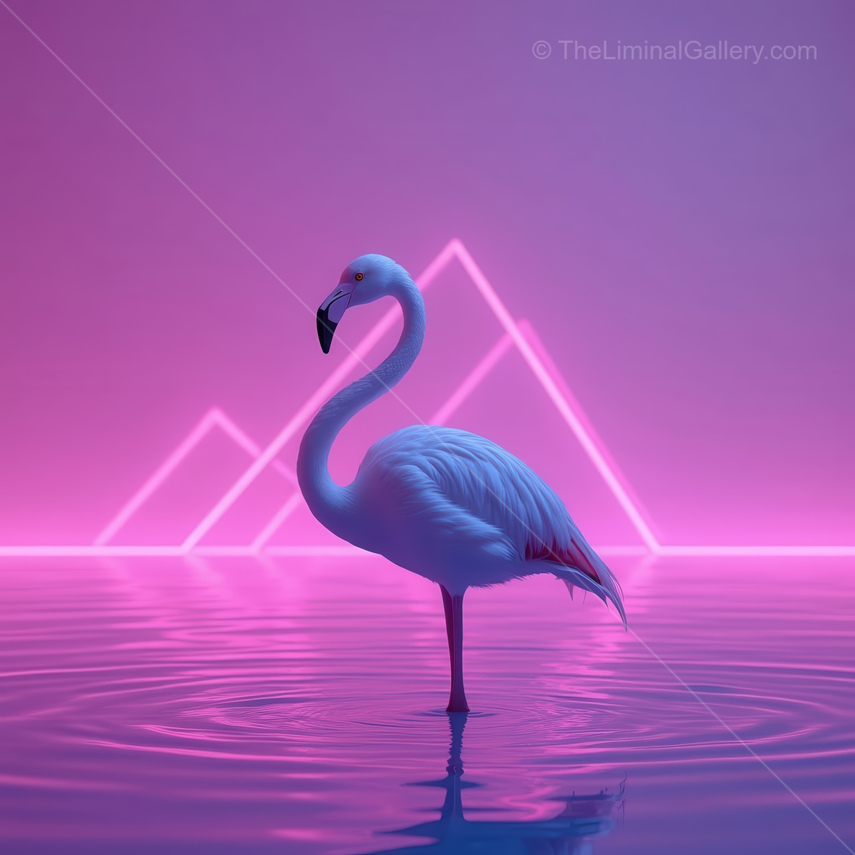 Elegant white flamingo wades through tranquil waters beneath vibrant neon lights at sunset