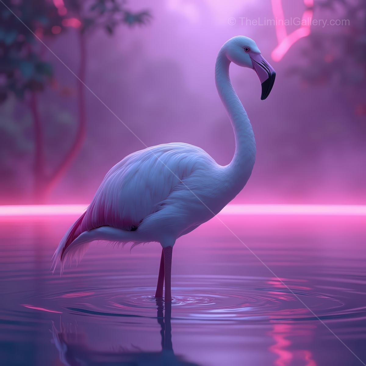 Elegant white flamingo gracefully standing in serene waters at twilight amidst glowing neon reflections