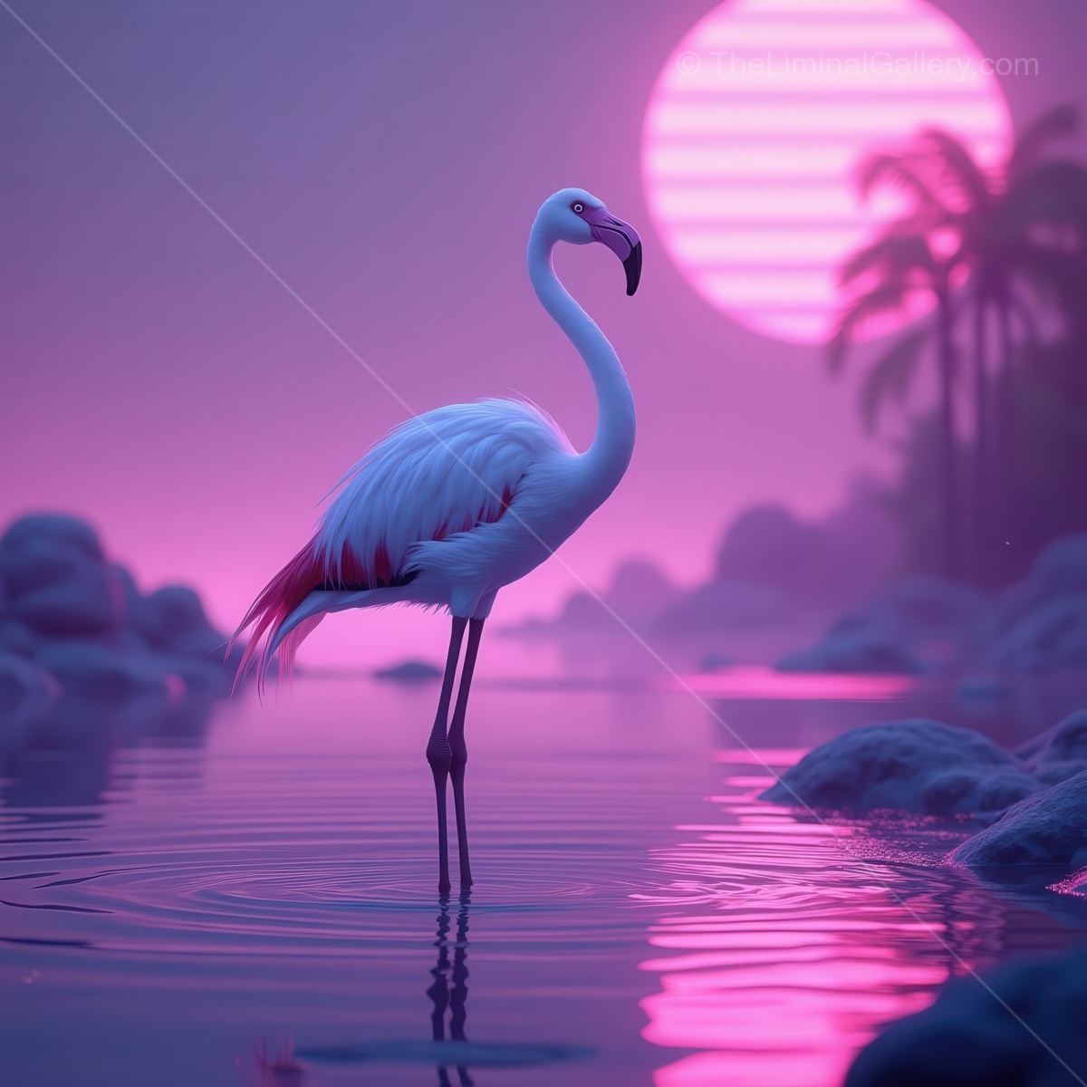 Elegant white flamingo standing gracefully in tranquil waters under a vibrant sunset sky filled with pink hues and silhouettes of palm trees