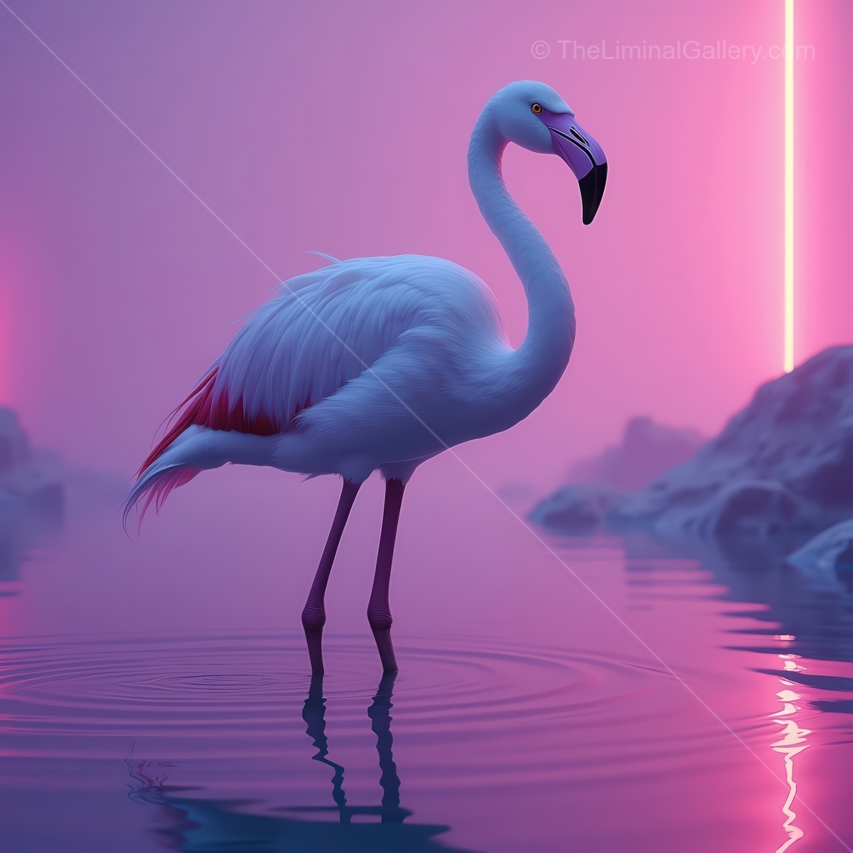 Enchanting white flamingo gracefully wades through shimmering water in a neon-lit, surreal landscape at twilight