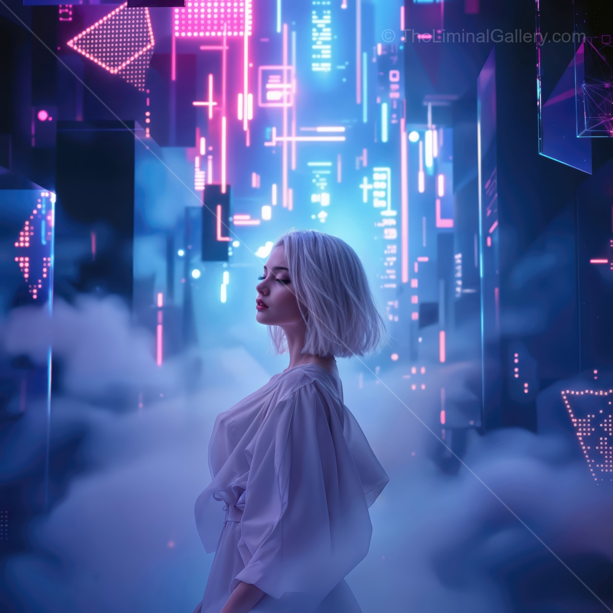 Enigmatic figure surrounded by neon lights in a foggy urban landscape at night