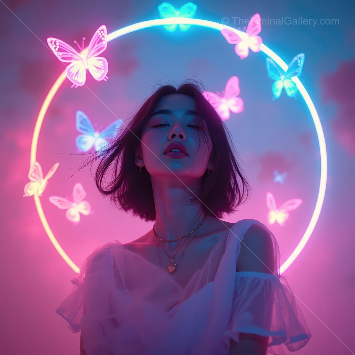 Ethereal beauty illuminated by neon butterflies in a vibrant, dreamlike setting