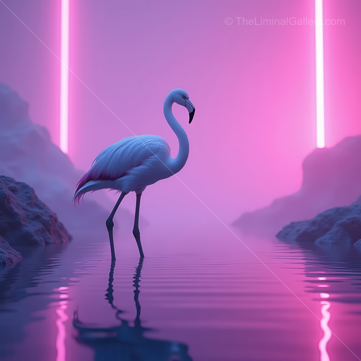 Ethereal white flamingo wading in a tranquil water setting illuminated by vibrant pink lights at twilight