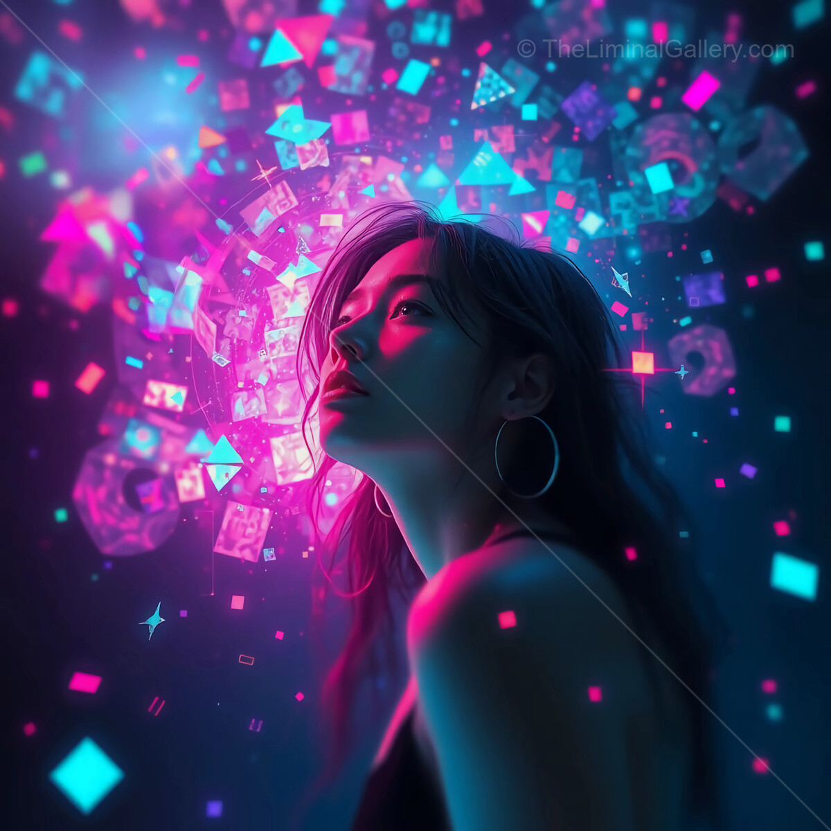 Ethereal woman surrounded by colorful geometric shapes in a dreamlike digital space at night