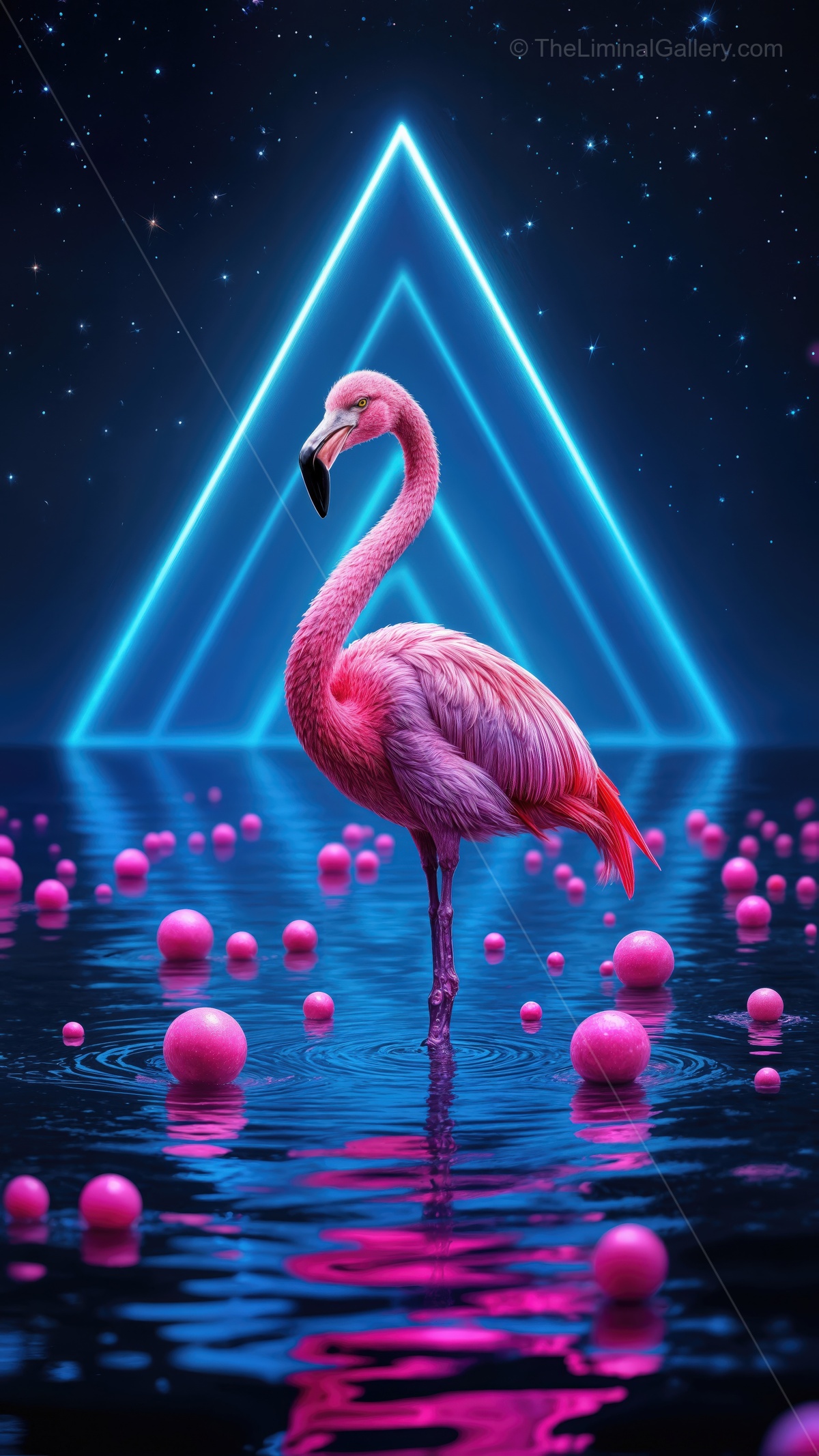 Flamingo stands gracefully in colorful waters beneath glowing geometric shapes at night