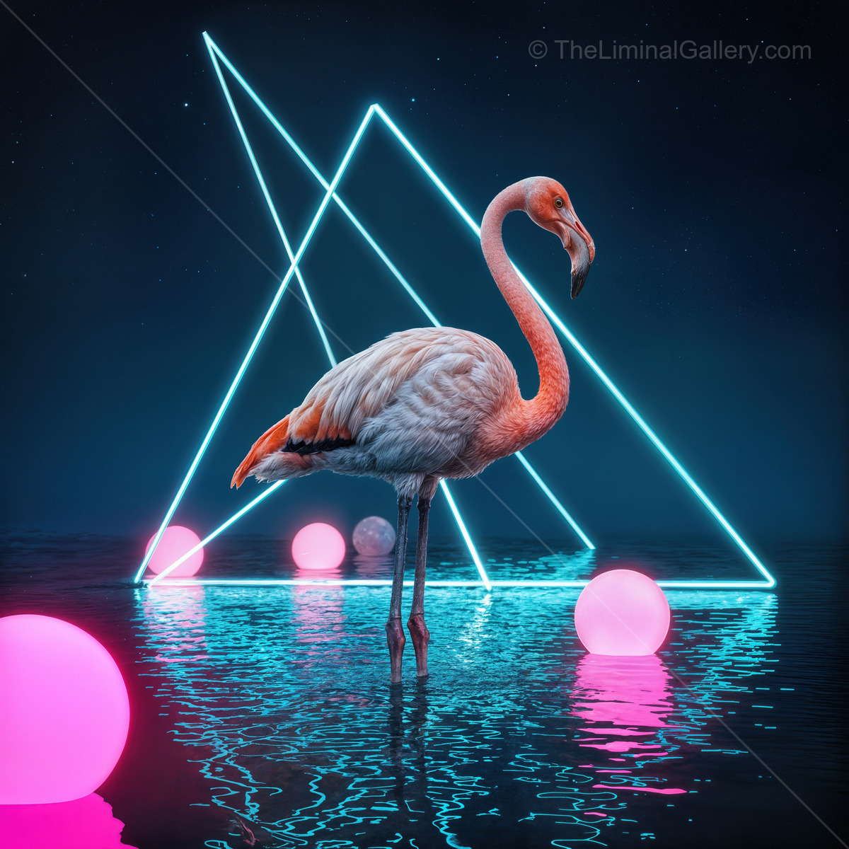Flamingo elegance shines in a neon dreamscape with glowing orbs and geometric shapes at night