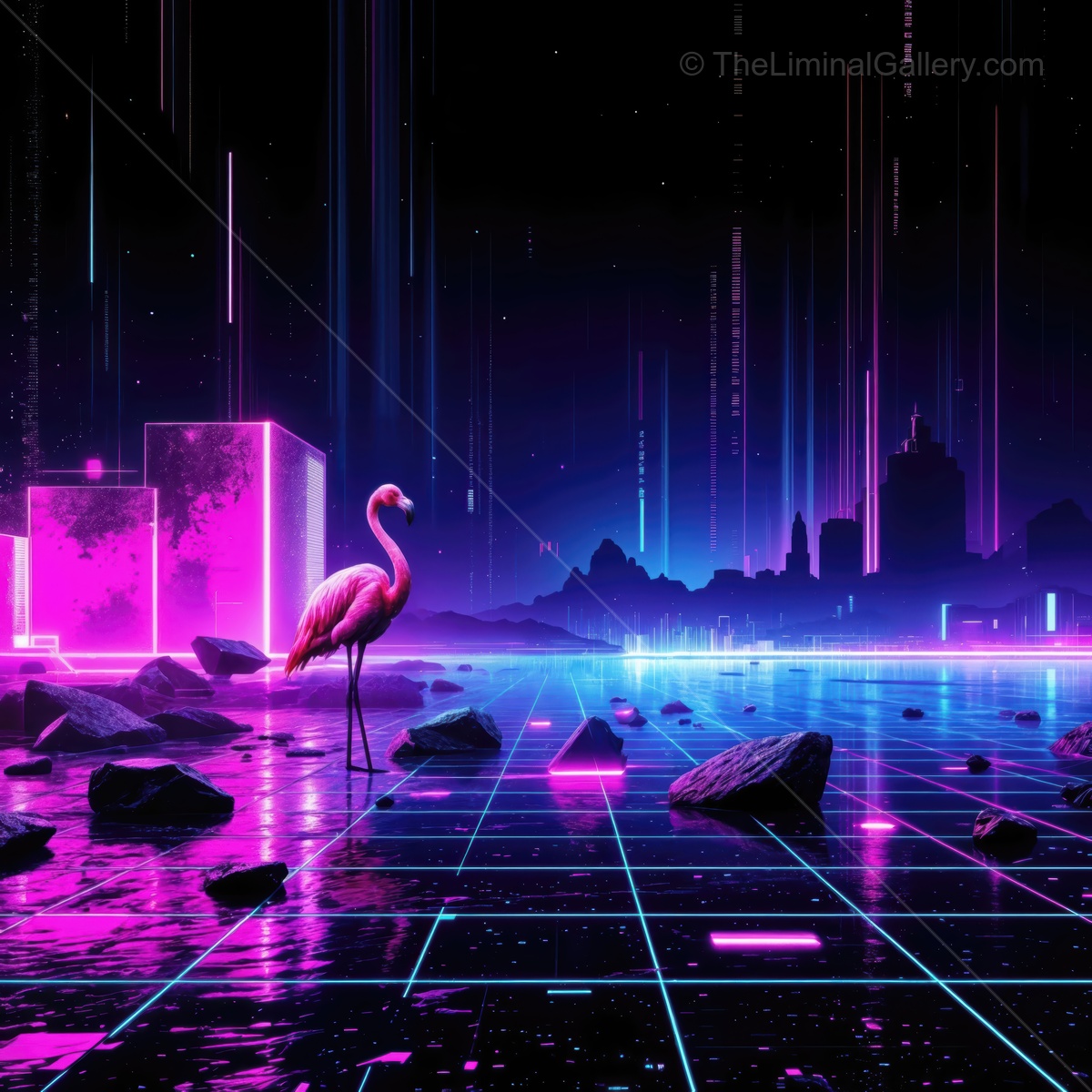 Vibrant neon cityscape at night featuring a flamingo by a reflective water body